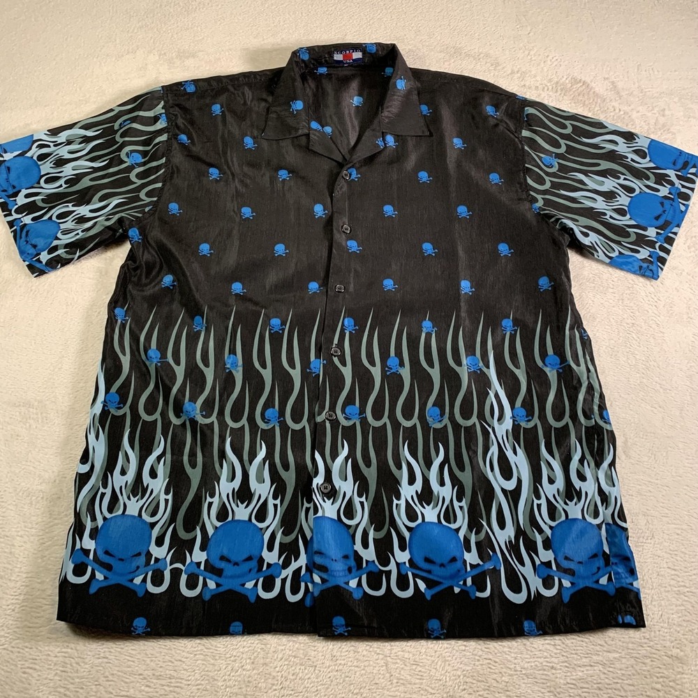 Y2K Scorpio USA Shirt Mens XL Black Skull Flame Graphic Satin Button Up‎ Gothic